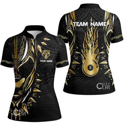 Customized Billiards Stand Collar Quarter Zip Short Sleeve Women's Shirt, Panther Forever Flaming 8 Ball Jersey