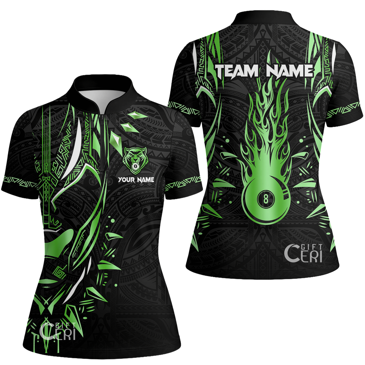 Customized Billiards Stand Collar Quarter Zip Short Sleeve Women's Shirt, Panther Forever Flaming 8 Ball Jersey