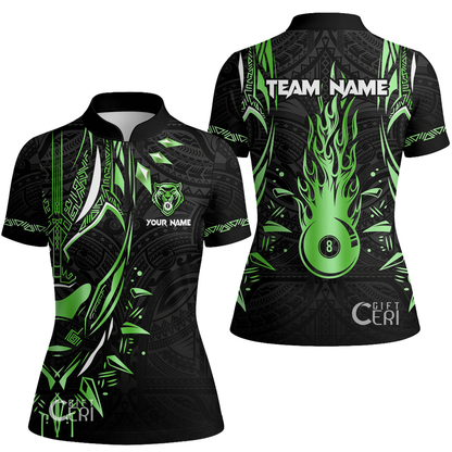 Customized Billiards Stand Collar Quarter Zip Short Sleeve Women's Shirt, Panther Forever Flaming 8 Ball Jersey