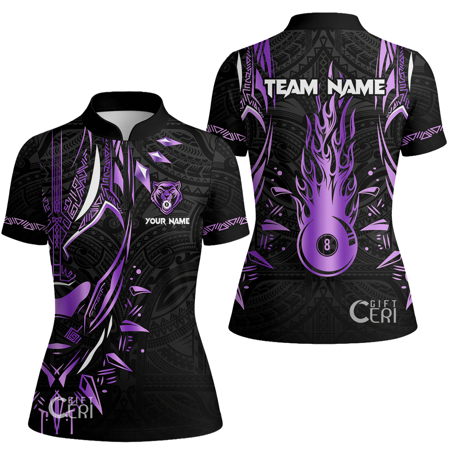 Customized Billiards Stand Collar Quarter Zip Short Sleeve Women's Shirt, Panther Forever Flaming 8 Ball Jersey