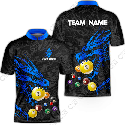 Customized Billiards Stand Collar Quarter-Zip Short Sleeve Jersey, Dragon 9 Ball Jersey Gift For Billiard Players