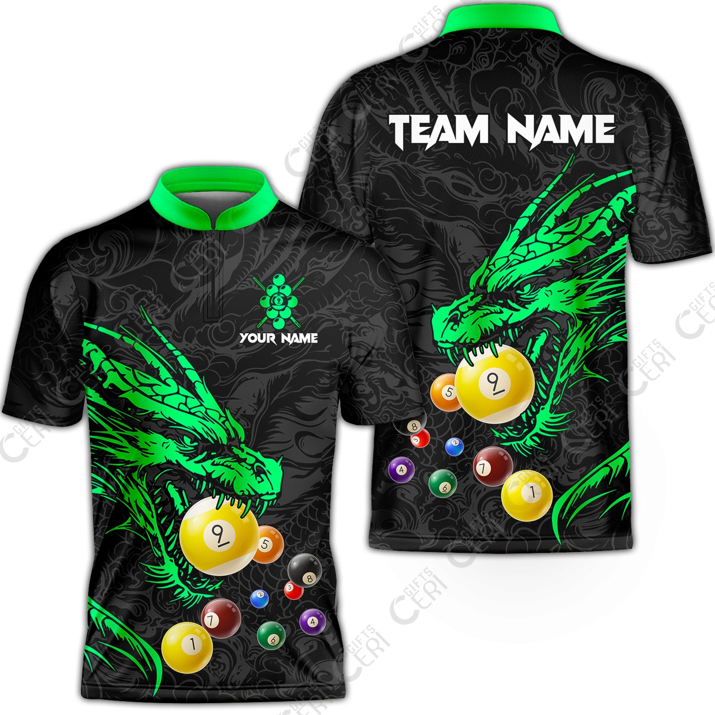 Customized Billiards Stand Collar Quarter-Zip Short Sleeve Jersey, Dragon 9 Ball Jersey Gift For Billiard Players