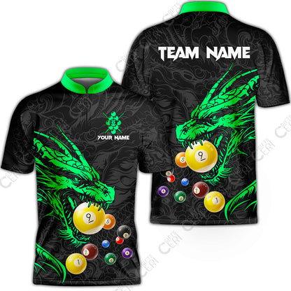 Customized Billiards Stand Collar Quarter-Zip Short Sleeve Jersey, Dragon 9 Ball Jersey Gift For Billiard Players