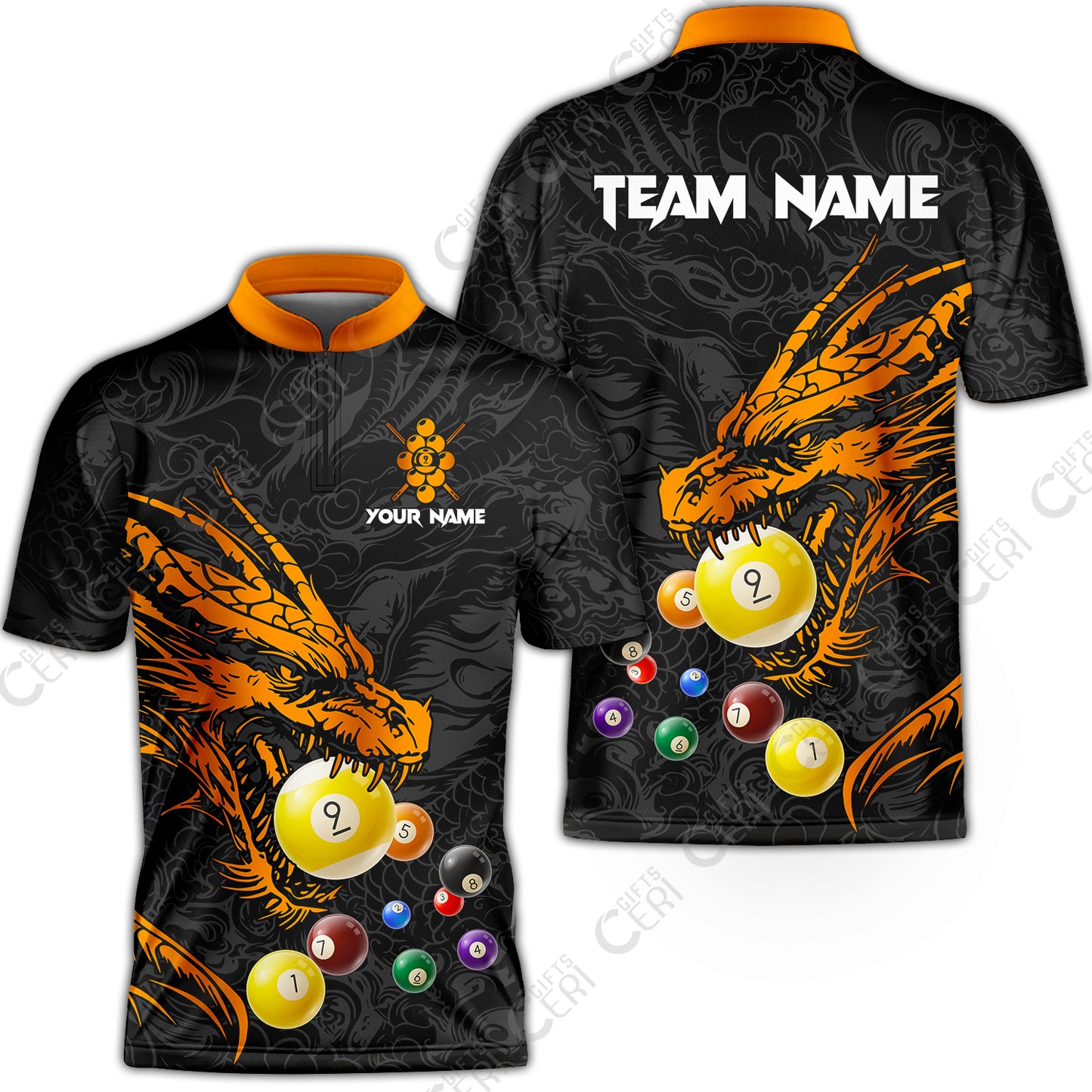 Customized Billiards Stand Collar Quarter-Zip Short Sleeve Jersey, Dragon 9 Ball Jersey Gift For Billiard Players