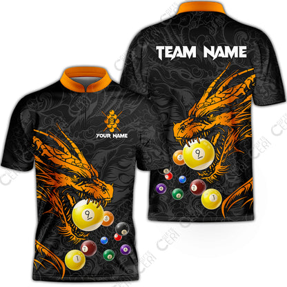 Customized Billiards Stand Collar Quarter-Zip Short Sleeve Jersey, Dragon 9 Ball Jersey Gift For Billiard Players