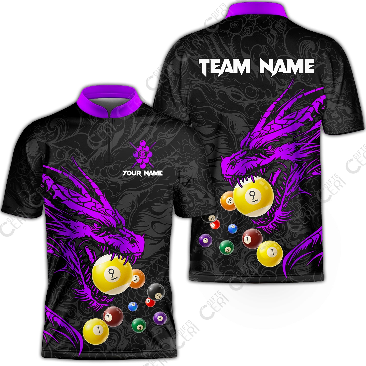 Customized Billiards Stand Collar Quarter-Zip Short Sleeve Jersey, Dragon 9 Ball Jersey Gift For Billiard Players
