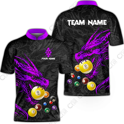 Customized Billiards Stand Collar Quarter-Zip Short Sleeve Jersey, Dragon 9 Ball Jersey Gift For Billiard Players