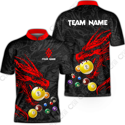 Customized Billiards Stand Collar Quarter-Zip Short Sleeve Jersey, Dragon 9 Ball Jersey Gift For Billiard Players