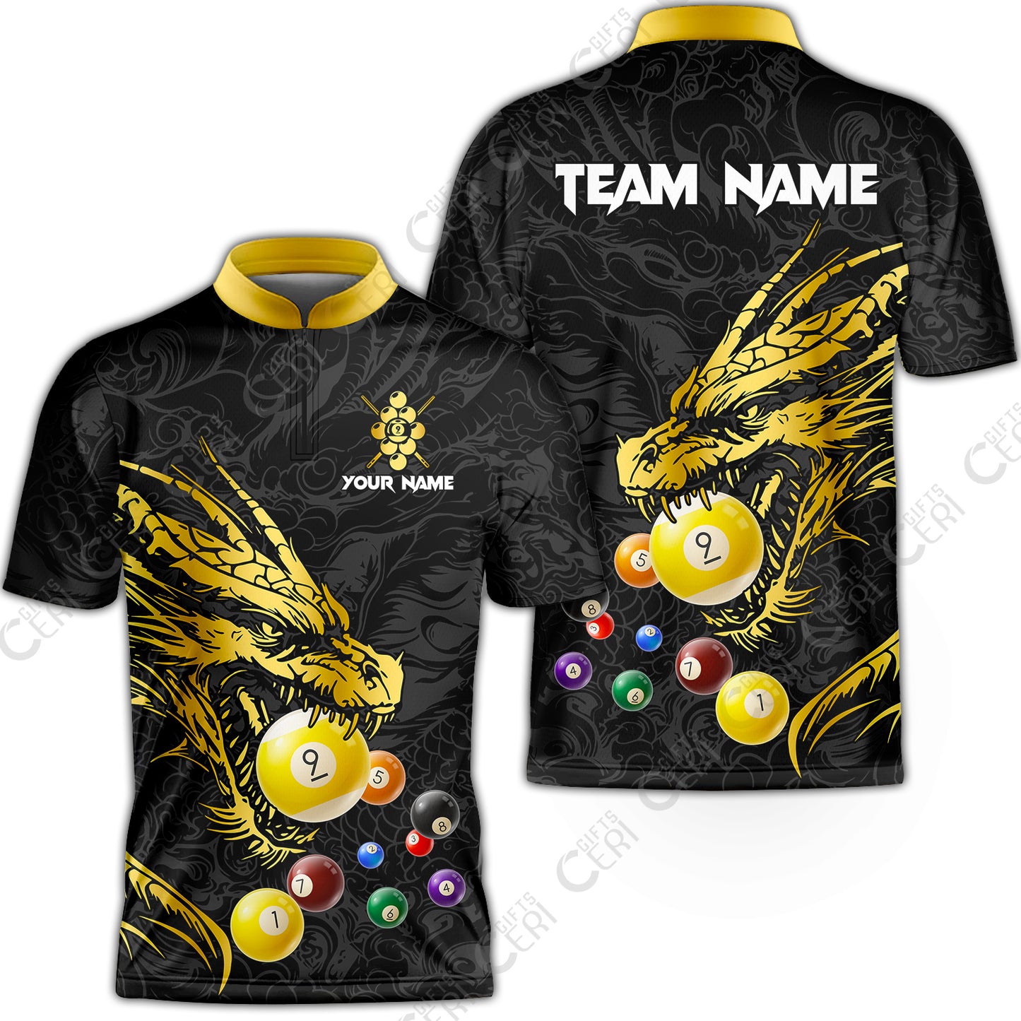 Customized Billiards Stand Collar Quarter-Zip Short Sleeve Jersey, Dragon 9 Ball Jersey Gift For Billiard Players