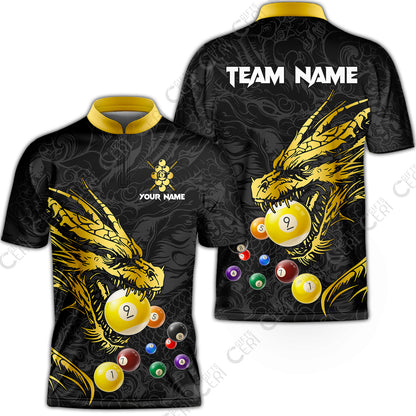 Customized Billiards Stand Collar Quarter-Zip Short Sleeve Jersey, Dragon 9 Ball Jersey Gift For Billiard Players