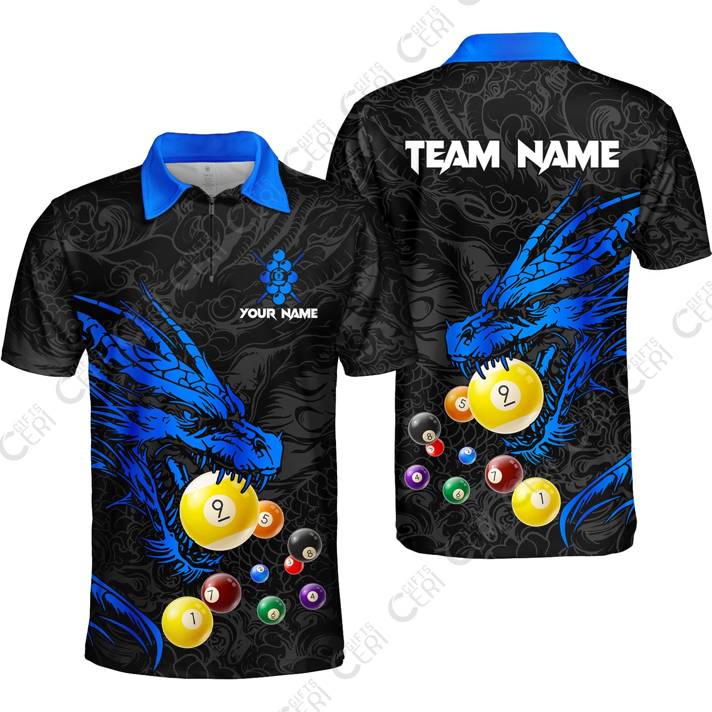 Customized Billiards Quarter-Zip Polo Shirt, Dragon 9 Ball Personalized Jersey Gift For Billiard Players