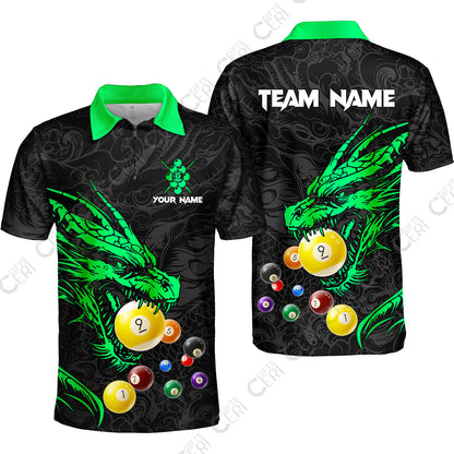 Customized Billiards Quarter-Zip Polo Shirt, Dragon 9 Ball Personalized Jersey Gift For Billiard Players
