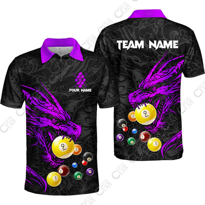 Customized Billiards Quarter-Zip Polo Shirt, Dragon 9 Ball Personalized Jersey Gift For Billiard Players