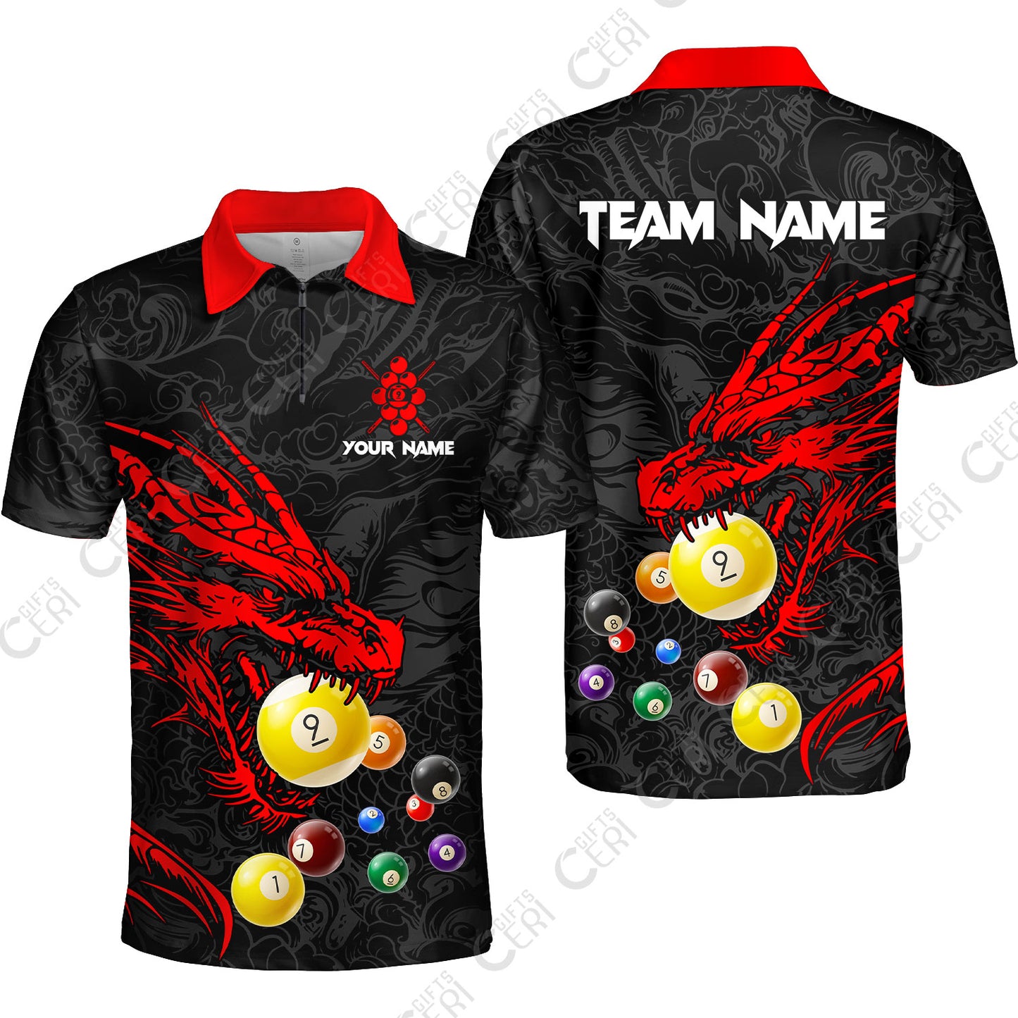 Customized Billiards Quarter-Zip Polo Shirt, Dragon 9 Ball Personalized Jersey Gift For Billiard Players