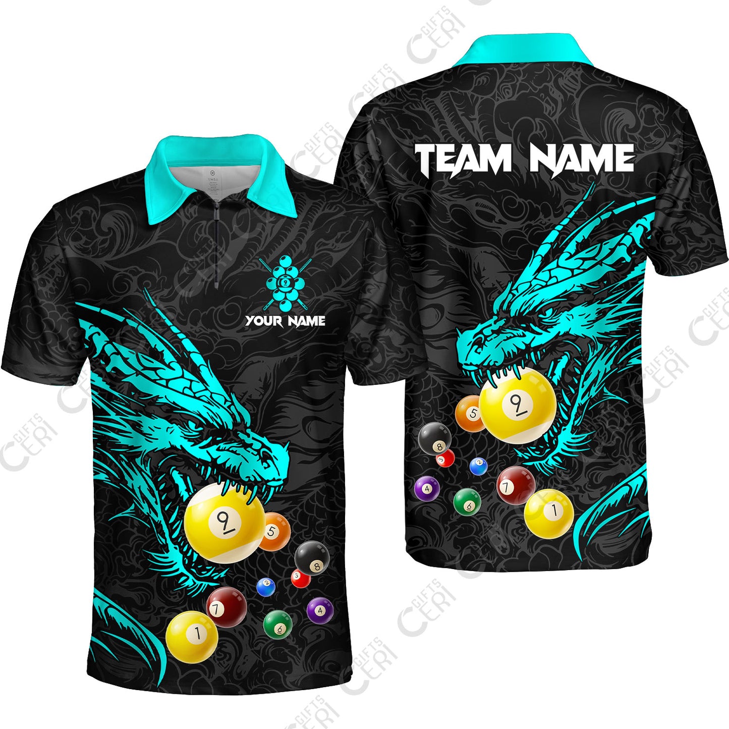 Customized Billiards Quarter-Zip Polo Shirt, Dragon 9 Ball Personalized Jersey Gift For Billiard Players