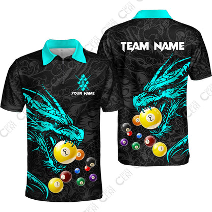 Customized Billiards Quarter-Zip Polo Shirt, Dragon 9 Ball Personalized Jersey Gift For Billiard Players