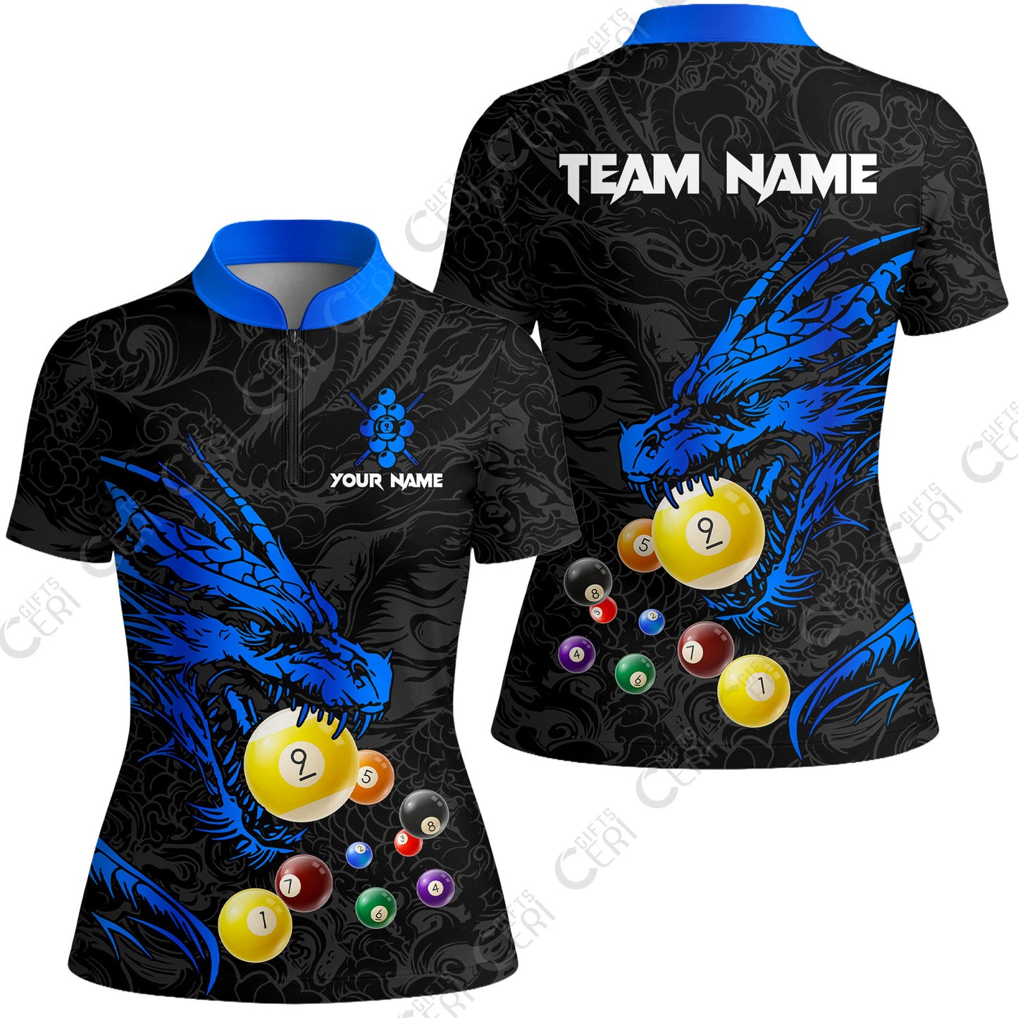 Customized Billiards Stand Collar Quarter Zip Short Sleeve Women's Shirt, Dragon 9 Ball Personalized Jersey