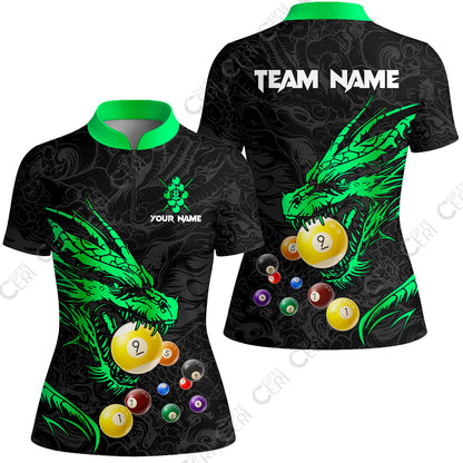 Customized Billiards Stand Collar Quarter Zip Short Sleeve Women's Shirt, Dragon 9 Ball Personalized Jersey