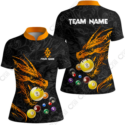 Customized Billiards Stand Collar Quarter Zip Short Sleeve Women's Shirt, Dragon 9 Ball Personalized Jersey