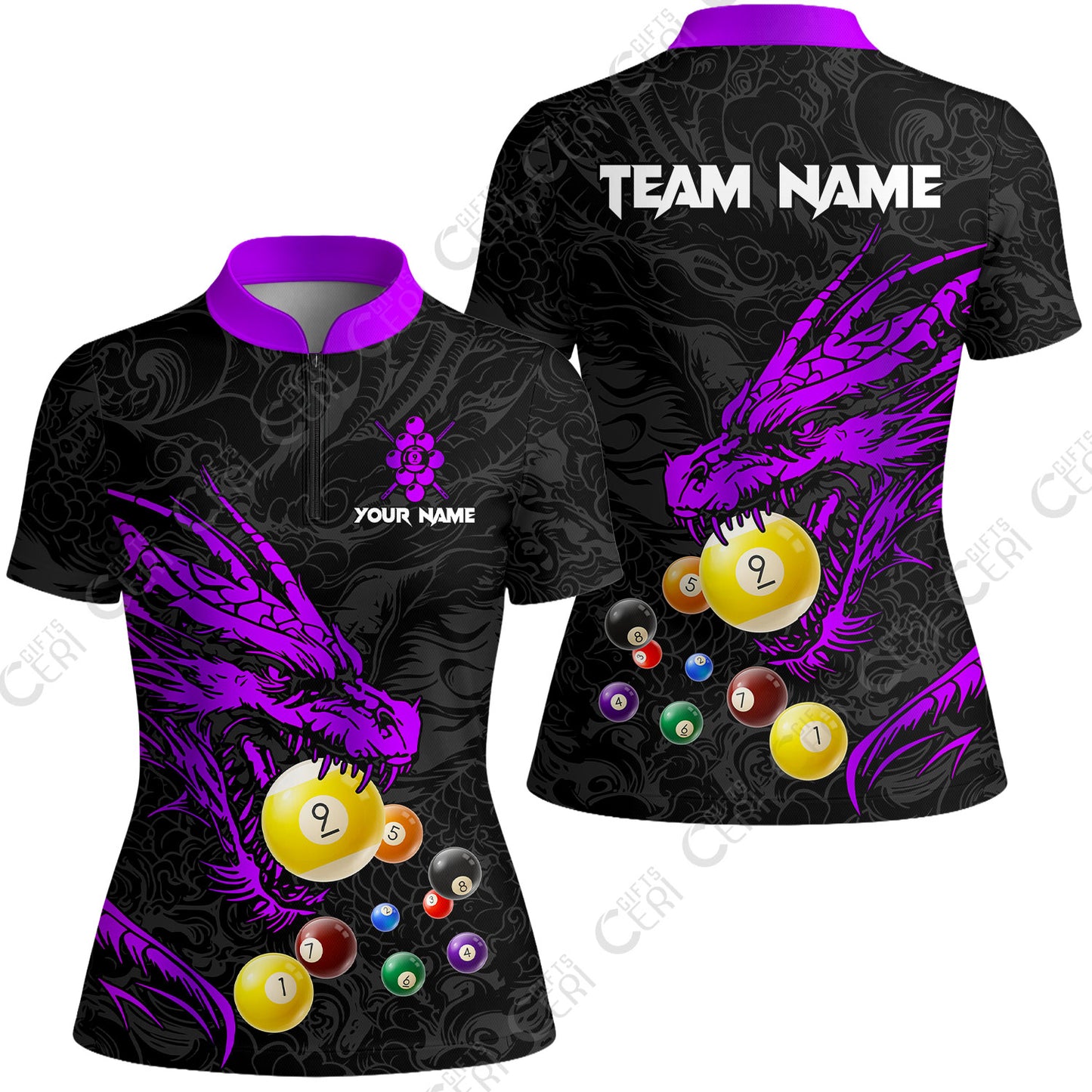 Customized Billiards Stand Collar Quarter Zip Short Sleeve Women's Shirt, Dragon 9 Ball Personalized Jersey