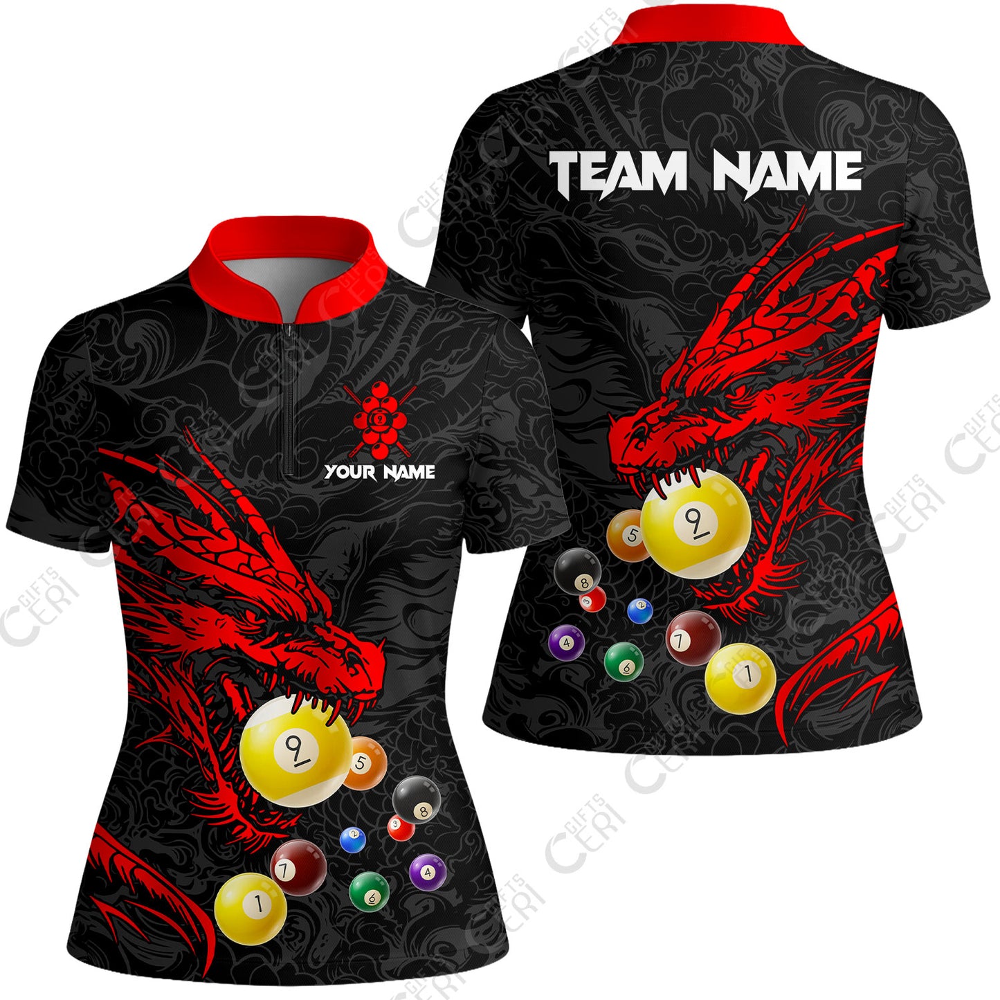 Customized Billiards Stand Collar Quarter Zip Short Sleeve Women's Shirt, Dragon 9 Ball Personalized Jersey