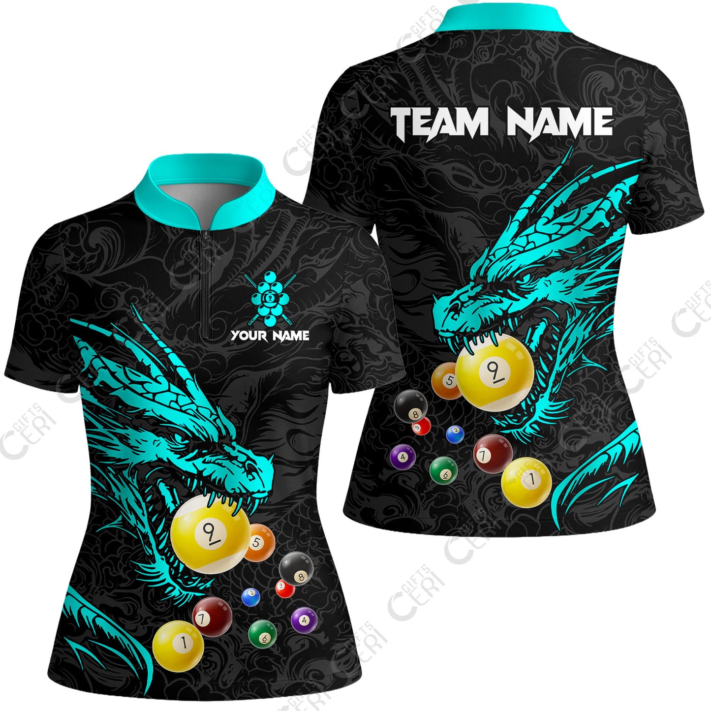 Customized Billiards Stand Collar Quarter Zip Short Sleeve Women's Shirt, Dragon 9 Ball Personalized Jersey