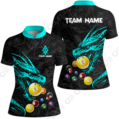 Customized Billiards Stand Collar Quarter Zip Short Sleeve Women's Shirt, Dragon 9 Ball Personalized Jersey