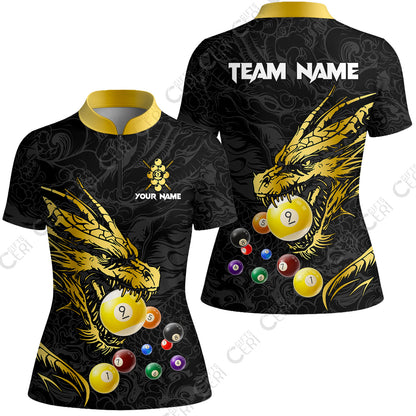 Customized Billiards Stand Collar Quarter Zip Short Sleeve Women's Shirt, Dragon 9 Ball Personalized Jersey