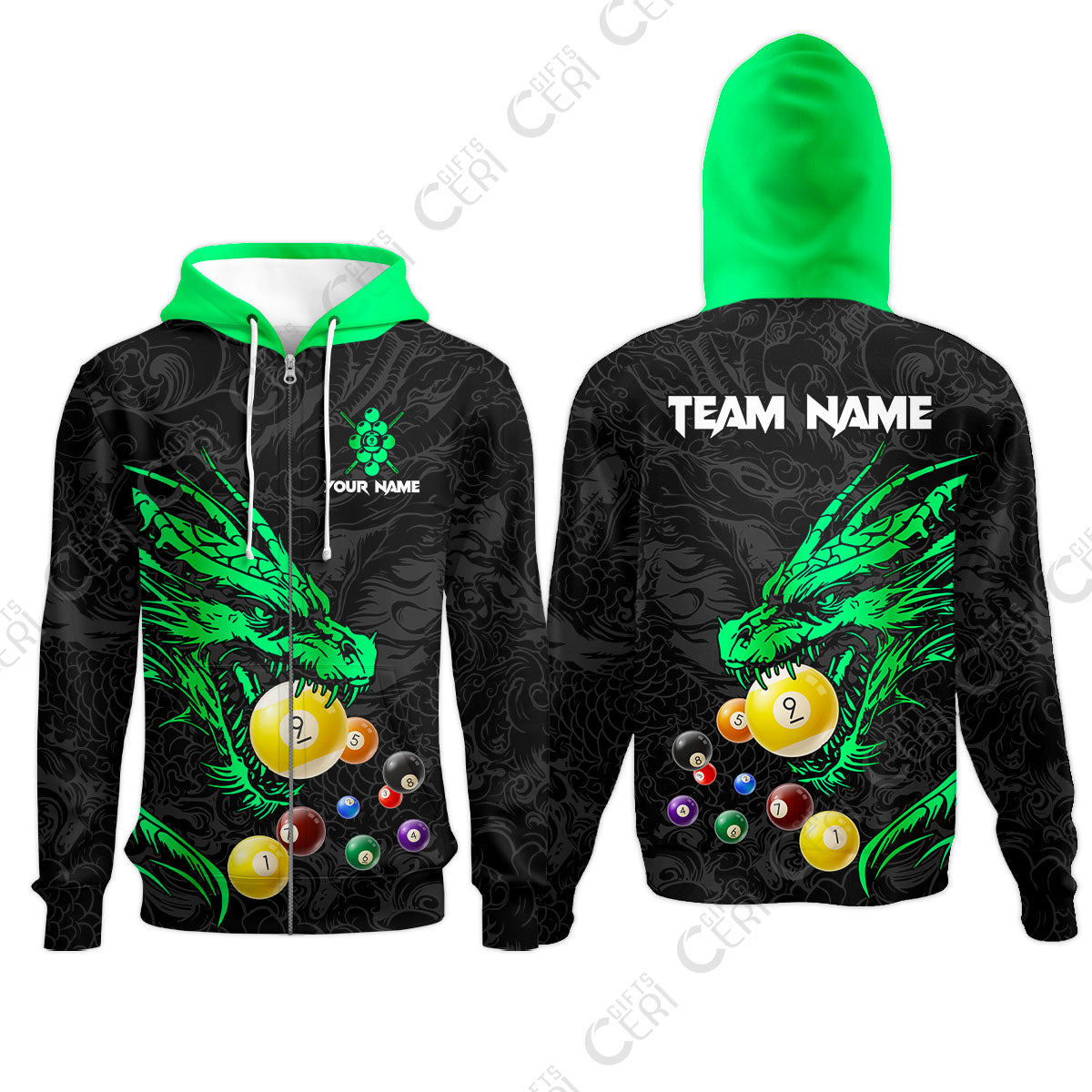 Customized Billiards Zip Hoodies, Dragon 9 Ball Personalized Jersey Gift For Billiard Players