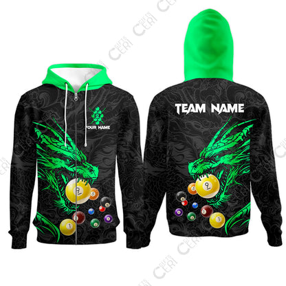 Customized Billiards Zip Hoodies, Dragon 9 Ball Personalized Jersey Gift For Billiard Players