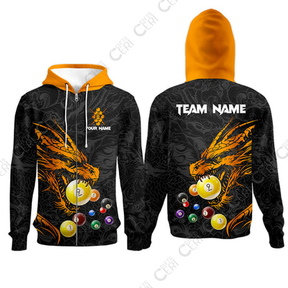 Customized Billiards Zip Hoodies, Dragon 9 Ball Personalized Jersey Gift For Billiard Players