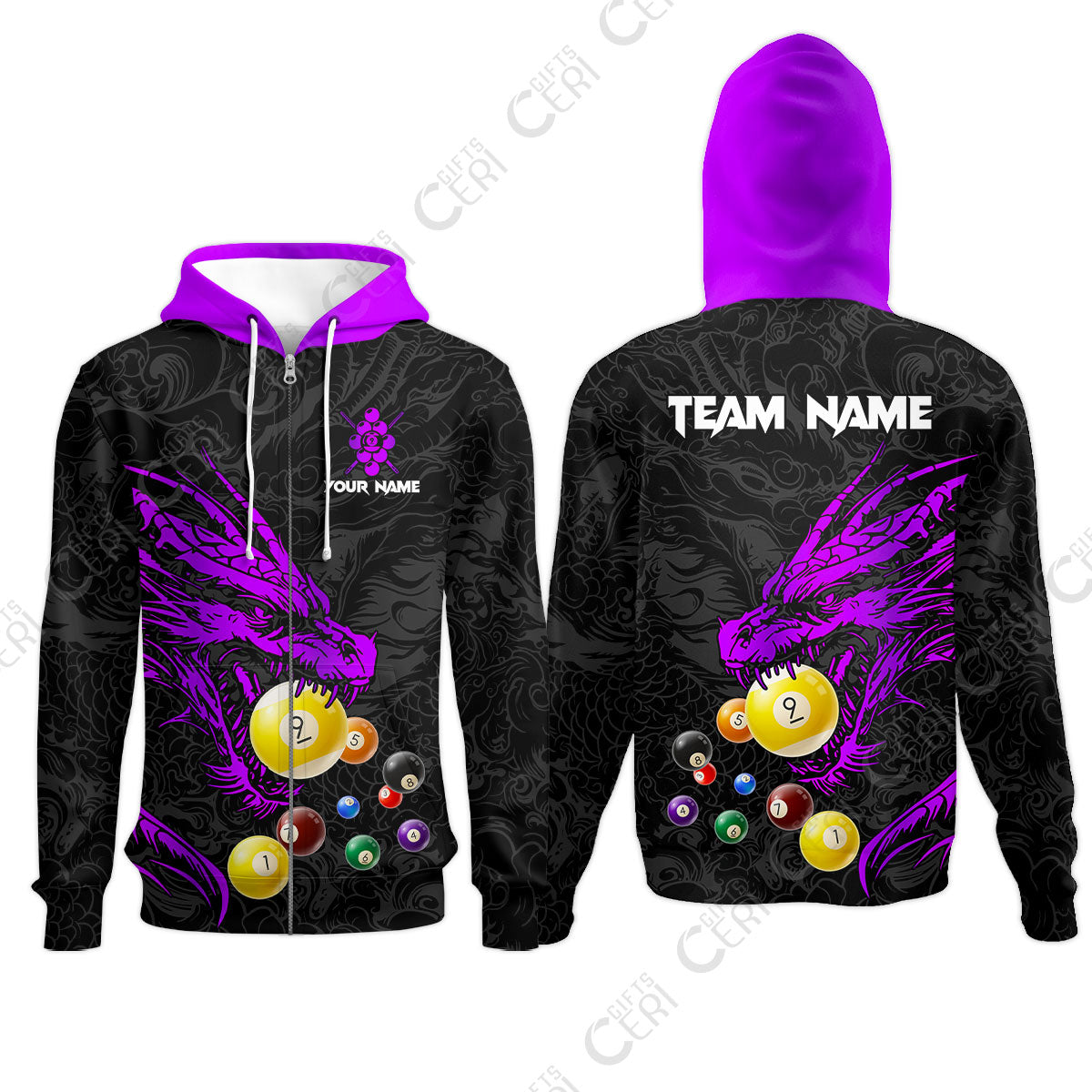 Customized Billiards Zip Hoodies, Dragon 9 Ball Personalized Jersey Gift For Billiard Players