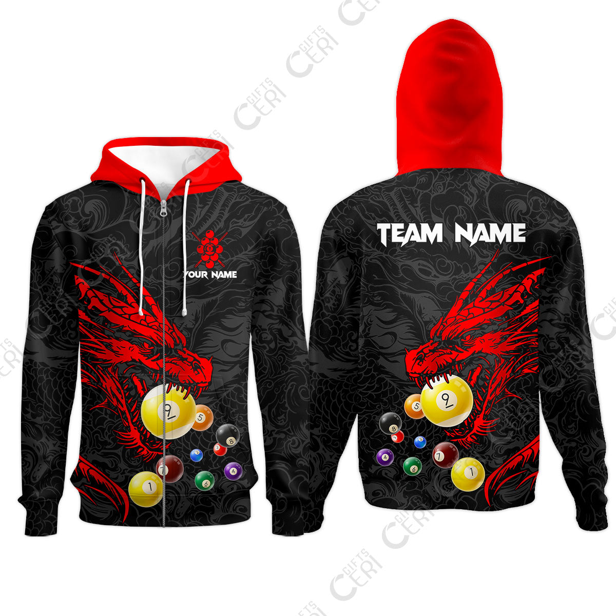 Customized Billiards Zip Hoodies, Dragon 9 Ball Personalized Jersey Gift For Billiard Players