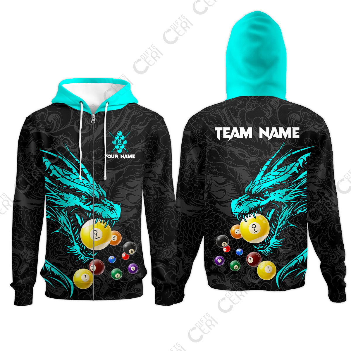 Customized Billiards Zip Hoodies, Dragon 9 Ball Personalized Jersey Gift For Billiard Players