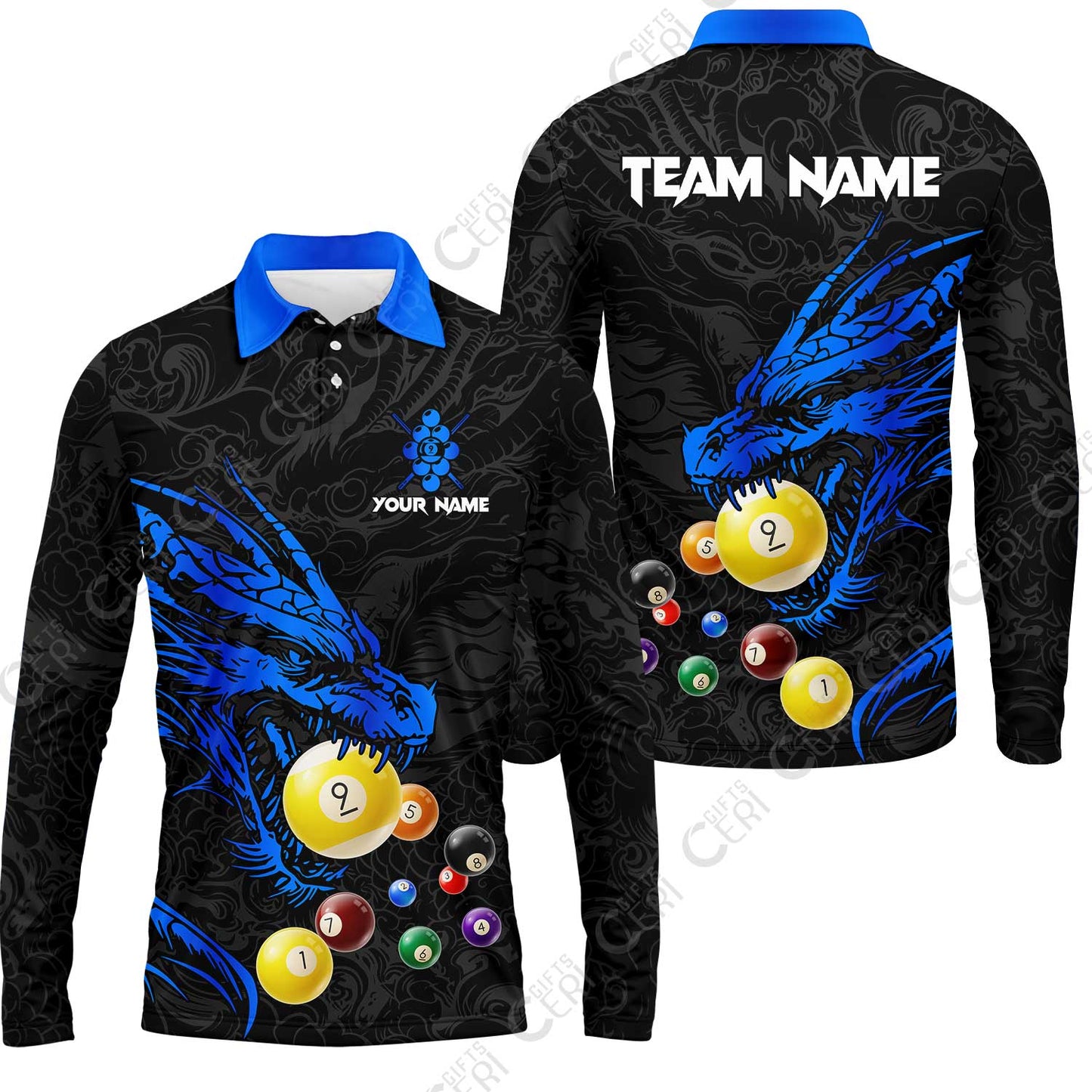 Customized Billiards Long Sleeve Polo Shirt, Dragon 9 Ball Personalized Jersey Gift For Billiard Players