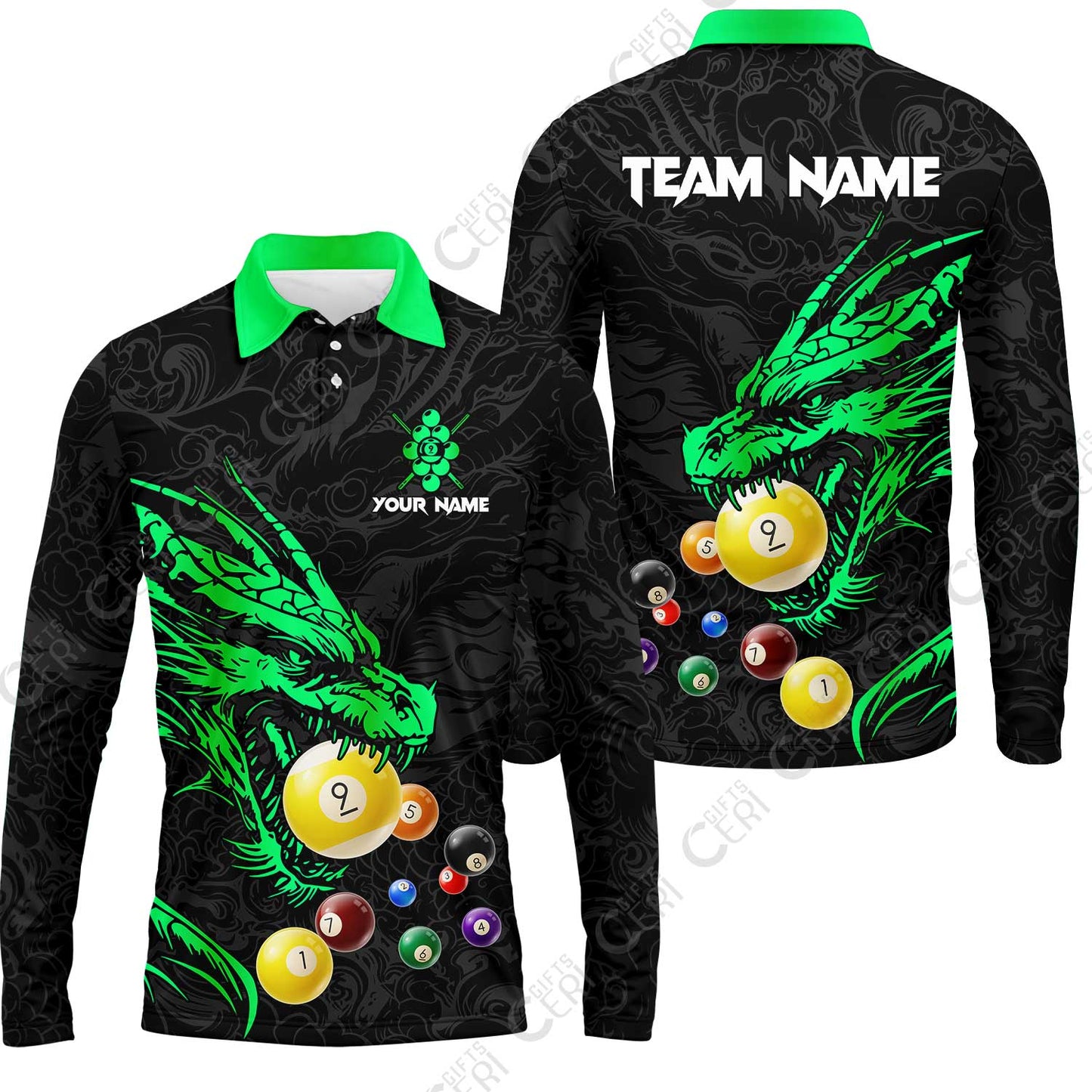 Customized Billiards Long Sleeve Polo Shirt, Dragon 9 Ball Personalized Jersey Gift For Billiard Players