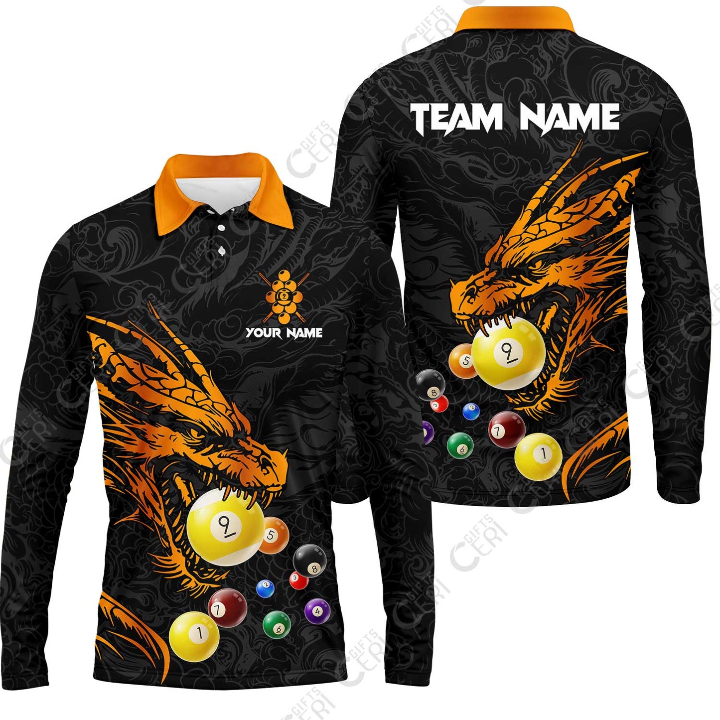 Customized Billiards Long Sleeve Polo Shirt, Dragon 9 Ball Personalized Jersey Gift For Billiard Players