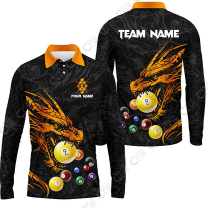 Customized Billiards Long Sleeve Polo Shirt, Dragon 9 Ball Personalized Jersey Gift For Billiard Players
