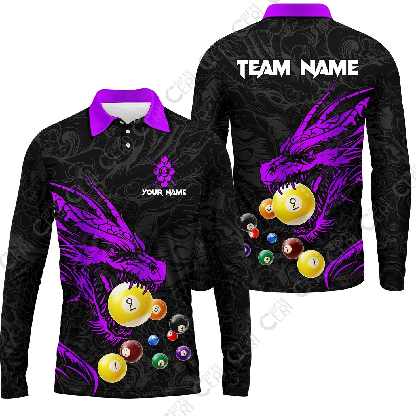 Customized Billiards Long Sleeve Polo Shirt, Dragon 9 Ball Personalized Jersey Gift For Billiard Players