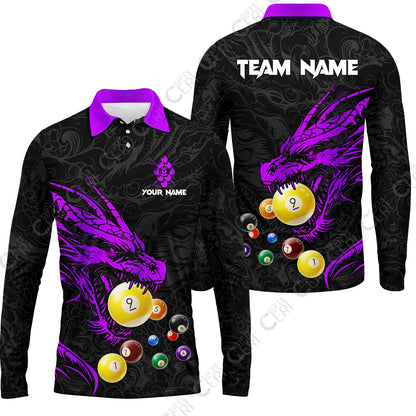 Customized Billiards Long Sleeve Polo Shirt, Dragon 9 Ball Personalized Jersey Gift For Billiard Players