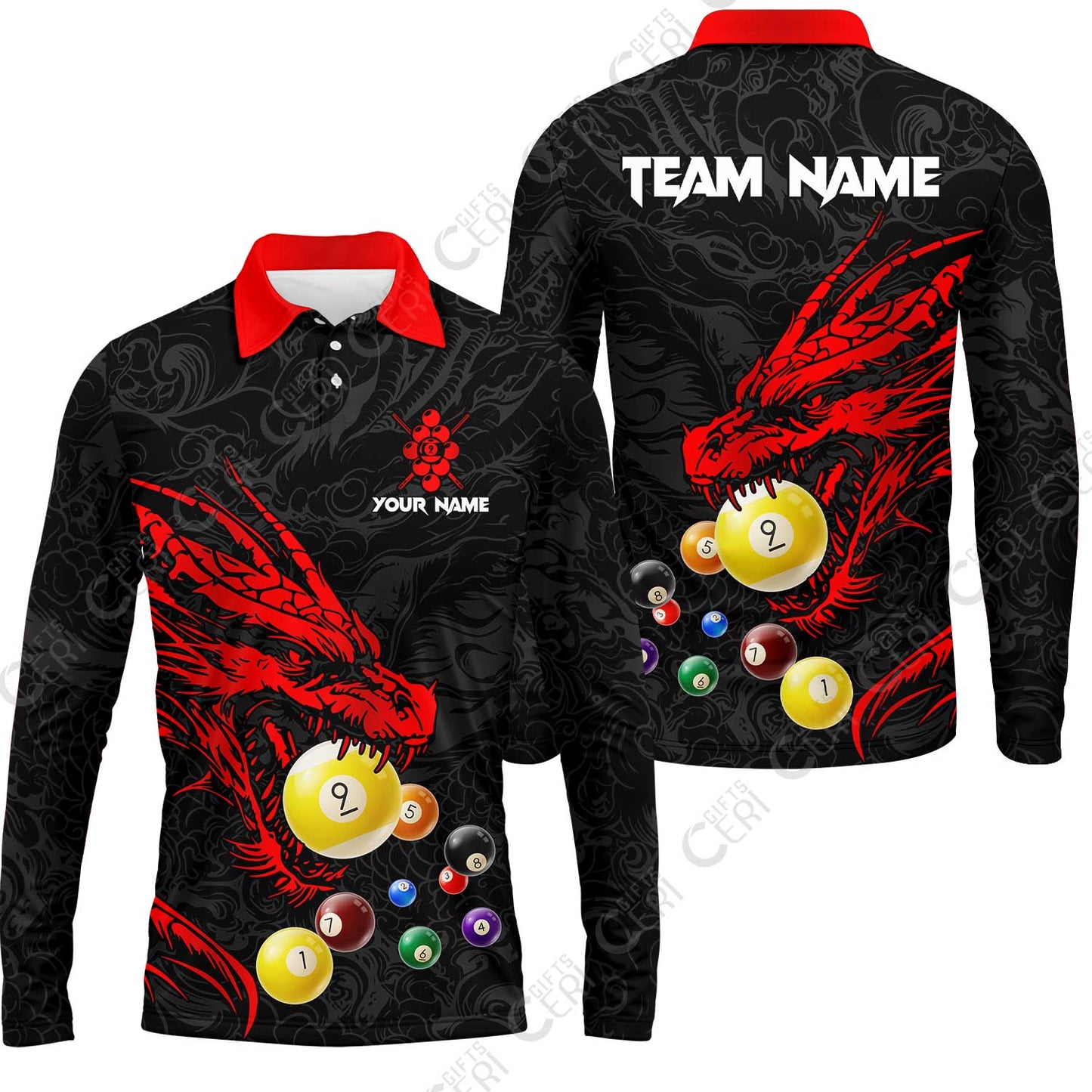Customized Billiards Long Sleeve Polo Shirt, Dragon 9 Ball Personalized Jersey Gift For Billiard Players