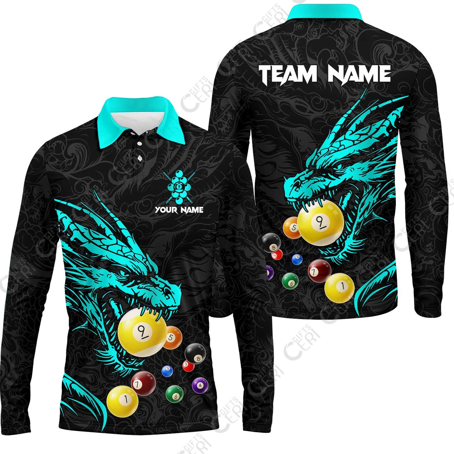 Customized Billiards Long Sleeve Polo Shirt, Dragon 9 Ball Personalized Jersey Gift For Billiard Players