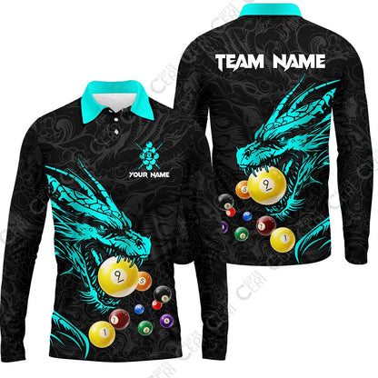 Customized Billiards Long Sleeve Polo Shirt, Dragon 9 Ball Personalized Jersey Gift For Billiard Players