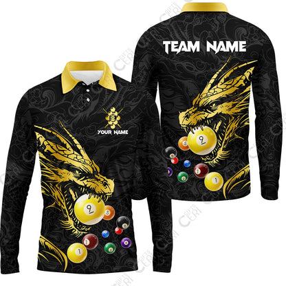 Customized Billiards Long Sleeve Polo Shirt, Dragon 9 Ball Personalized Jersey Gift For Billiard Players