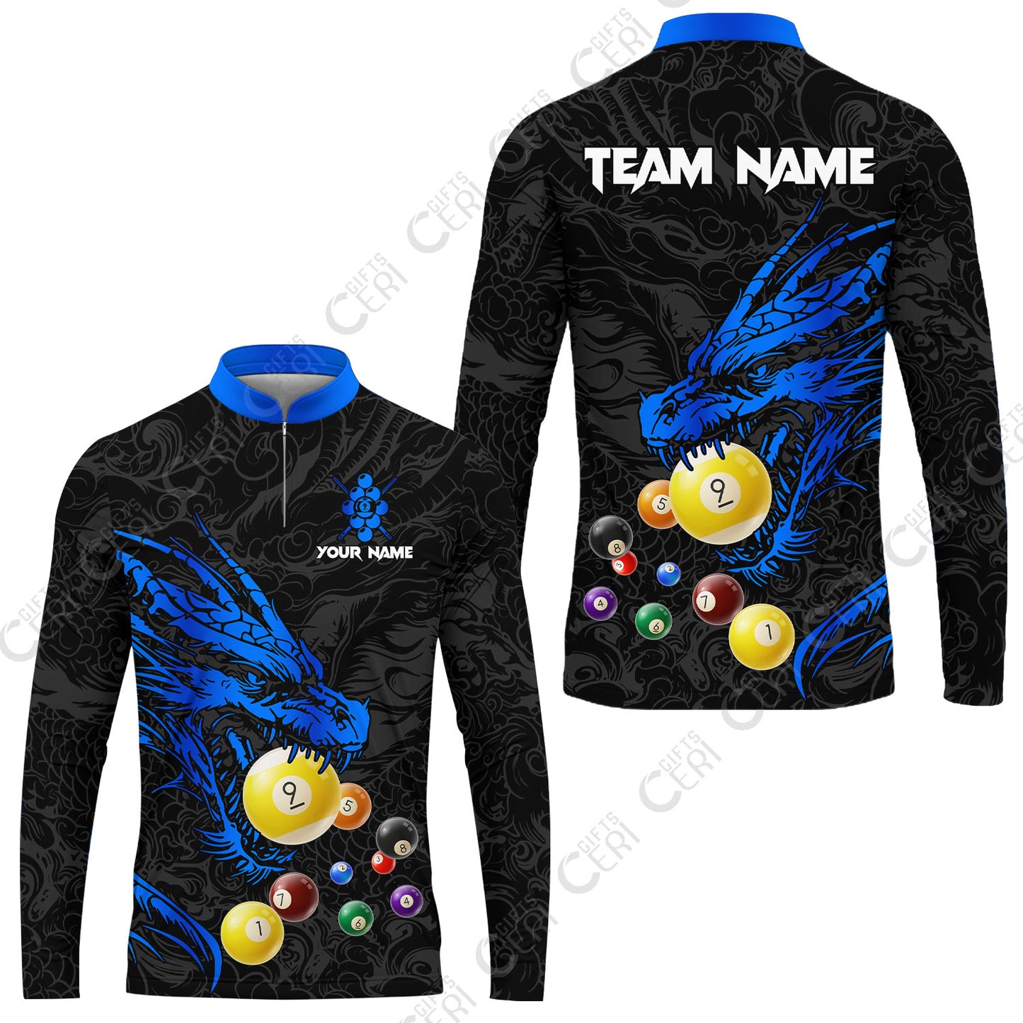 Customized Billiards Stand Collar Quarter-Zip Long Sleeve Jersey, Dragon 9 Ball Jersey Gift For Billiard Players