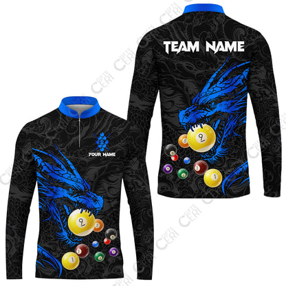 Customized Billiards Stand Collar Quarter-Zip Long Sleeve Jersey, Dragon 9 Ball Jersey Gift For Billiard Players