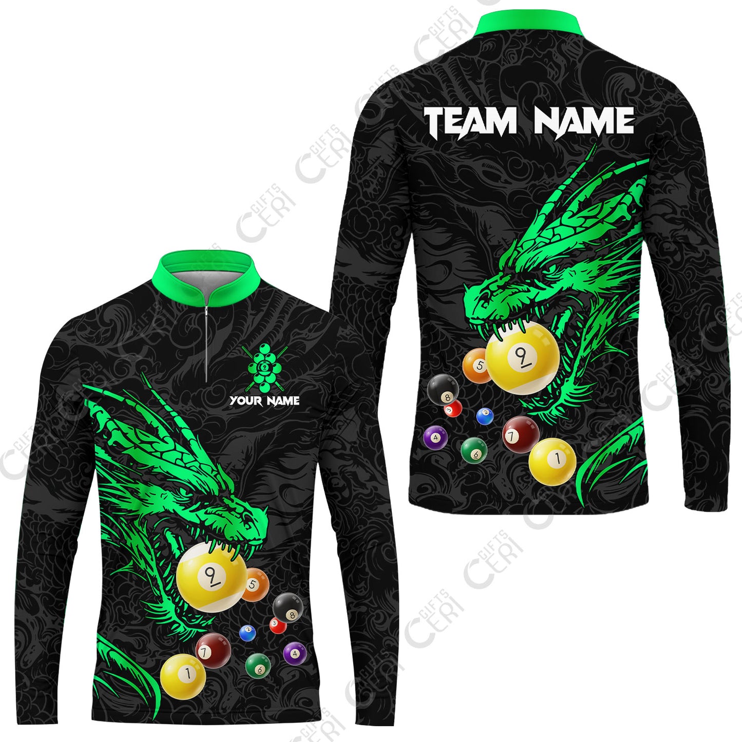 Customized Billiards Stand Collar Quarter-Zip Long Sleeve Jersey, Dragon 9 Ball Jersey Gift For Billiard Players