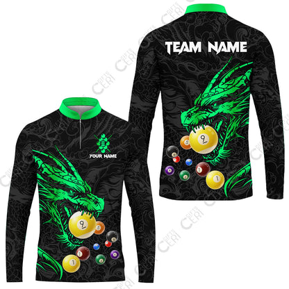 Customized Billiards Stand Collar Quarter-Zip Long Sleeve Jersey, Dragon 9 Ball Jersey Gift For Billiard Players