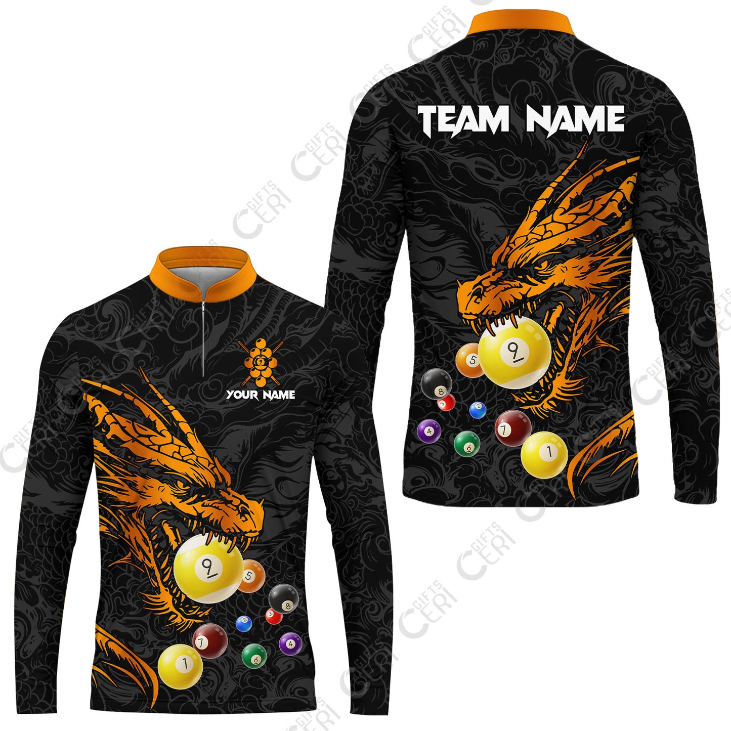 Customized Billiards Stand Collar Quarter-Zip Long Sleeve Jersey, Dragon 9 Ball Jersey Gift For Billiard Players