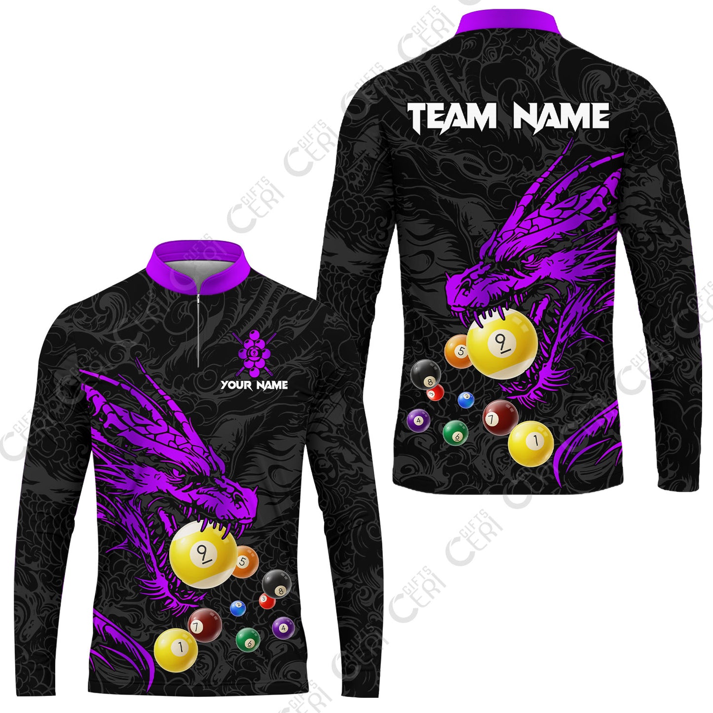 Customized Billiards Stand Collar Quarter-Zip Long Sleeve Jersey, Dragon 9 Ball Jersey Gift For Billiard Players